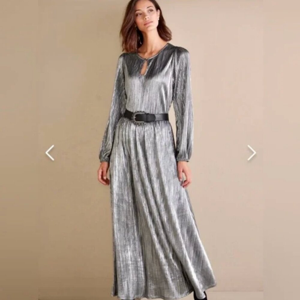NWT Soft Surroundings Maxi Annabelle Pleated Dress Silver Petite Med (10-12)